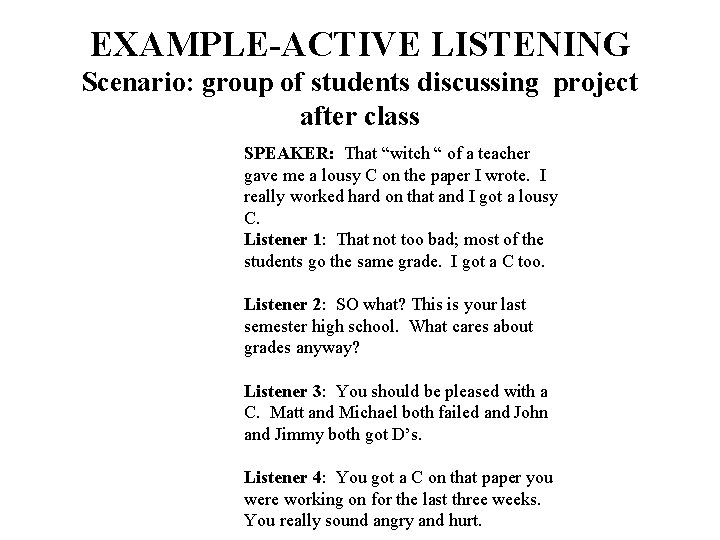 EXAMPLE-ACTIVE LISTENING Scenario: group of students discussing project after class SPEAKER: That “witch “