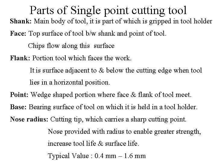 Parts of Single point cutting tool Shank: Main body of tool, it is part Parts of Single point cutting tool Shank: Main body of tool, it is part