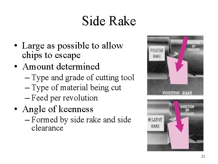 Side Rake • Large as possible to allow chips to escape • Amount determined Side Rake • Large as possible to allow chips to escape • Amount determined