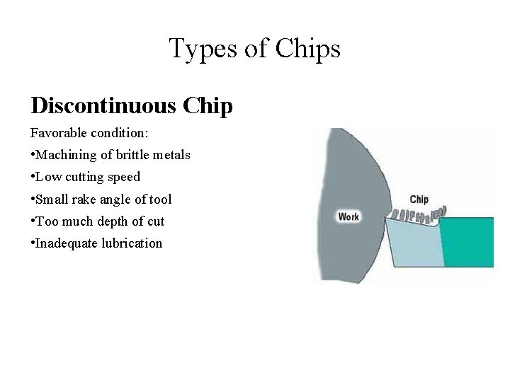 Types of Chips Discontinuous Chip Favorable condition: • Machining of brittle metals • Low Types of Chips Discontinuous Chip Favorable condition: • Machining of brittle metals • Low
