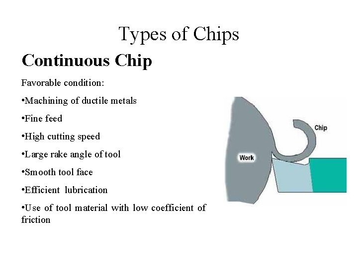 Types of Chips Continuous Chip Favorable condition: • Machining of ductile metals • Fine Types of Chips Continuous Chip Favorable condition: • Machining of ductile metals • Fine