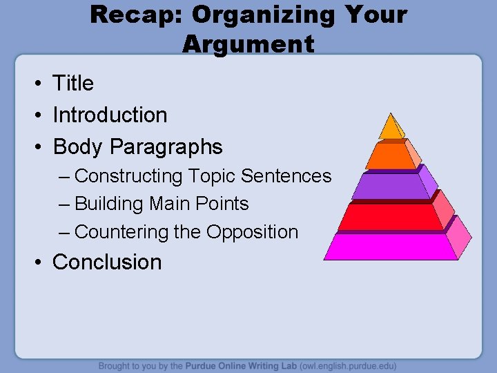 Recap: Organizing Your Argument • Title • Introduction • Body Paragraphs – Constructing Topic