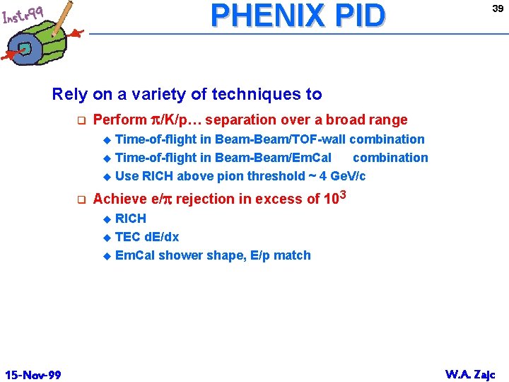 PHENIX PID 39 Rely on a variety of techniques to q Perform p/K/p… separation