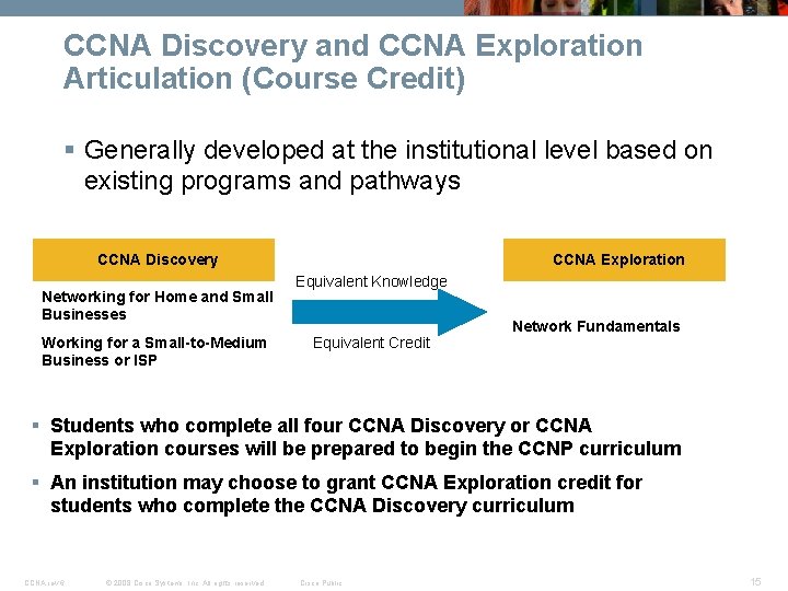 CCNA Discovery and CCNA Exploration Articulation (Course Credit) § Generally developed at the institutional