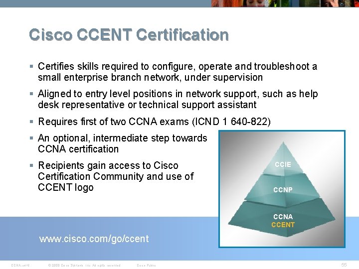 Cisco CCENT Certification § Certifies skills required to configure, operate and troubleshoot a small