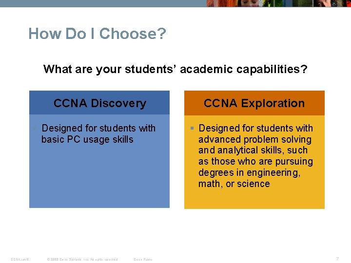 How Do I Choose? What are your students’ academic capabilities? CCNA Discovery § Designed