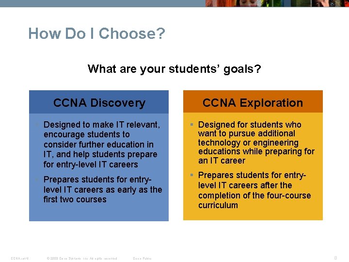 How Do I Choose? What are your students’ goals? CCNA rev 6 CCNA Discovery