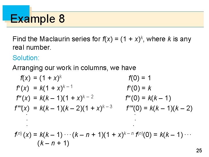 Example 8 Find the Maclaurin series for f (x) = (1 + x)k, where