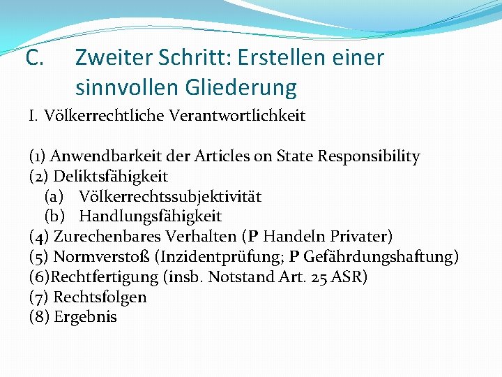 C. Zweiter Schritt: Erstellen einer sinnvollen Gliederung I. Völkerrechtliche Verantwortlichkeit (1) Anwendbarkeit der Articles