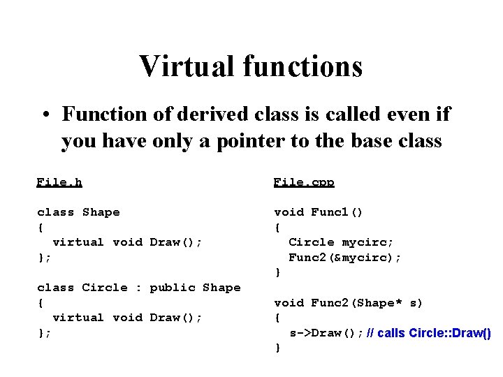 Virtual functions • Function of derived class is called even if you have only