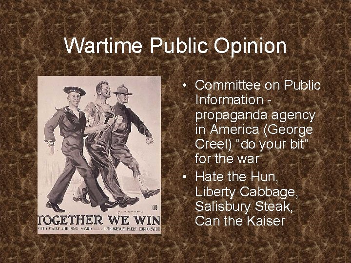 Wartime Public Opinion • Committee on Public Information propaganda agency in America (George Creel)