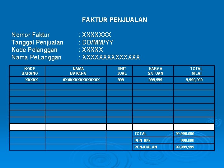 FAKTUR PENJUALAN Nomor Faktur Tanggal Penjualan Kode Pelanggan Nama Pe. Langgan KODE BARANG XXXXX