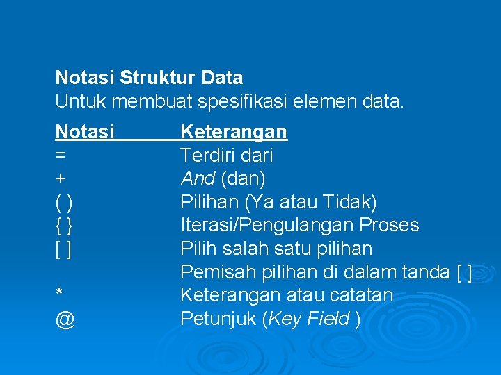 Notasi Struktur Data Untuk membuat spesifikasi elemen data. Notasi = + () {} []