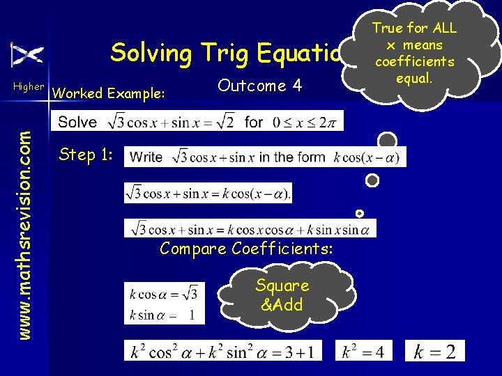 Solving Trig Equations www. mathsrevision. com Higher Worked Example: Outcome 4 Step 1: Compare