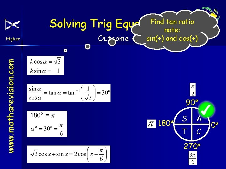 Find tan ratio Solving Trig Equations note: www. mathsrevision. com Higher Outcome 4 sin(+)