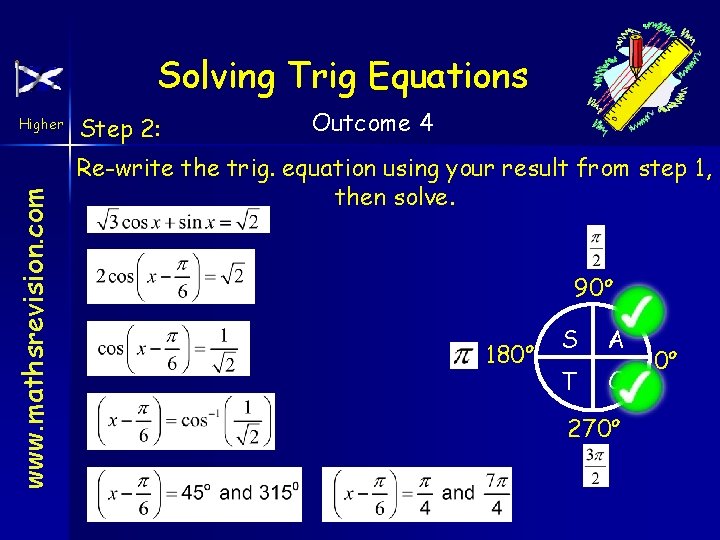 Solving Trig Equations www. mathsrevision. com Higher Step 2: Outcome 4 Re-write the trig.