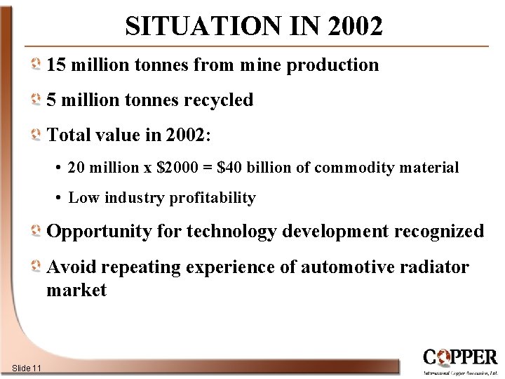 SITUATION IN 2002 15 million tonnes from mine production 5 million tonnes recycled Total