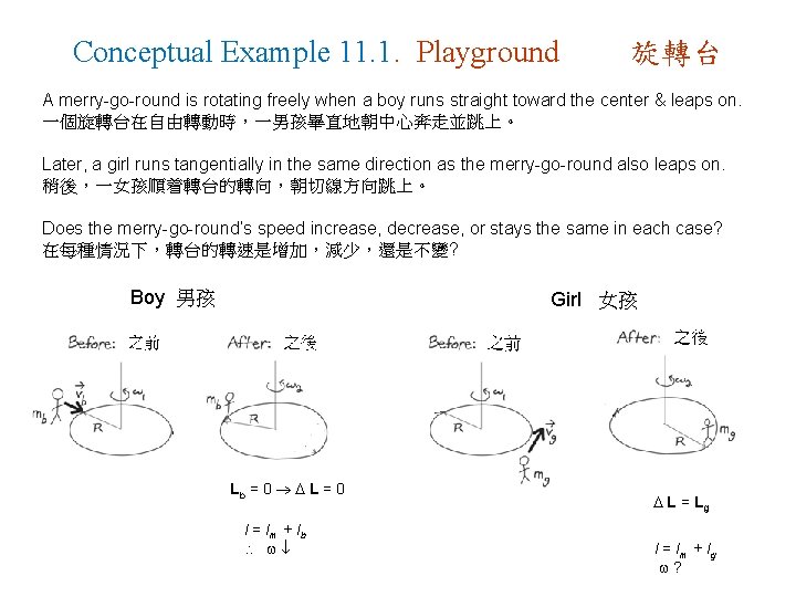 Conceptual Example 11. 1. Playground 旋轉台 A merry-go-round is rotating freely when a boy
