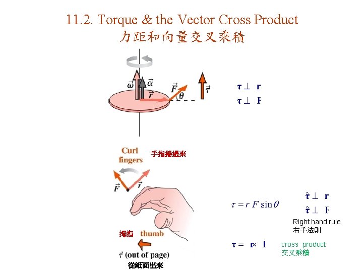 11. 2. Torque & the Vector Cross Product 力距和向量交叉乘積 手指捲過來 拇指 Right hand rule