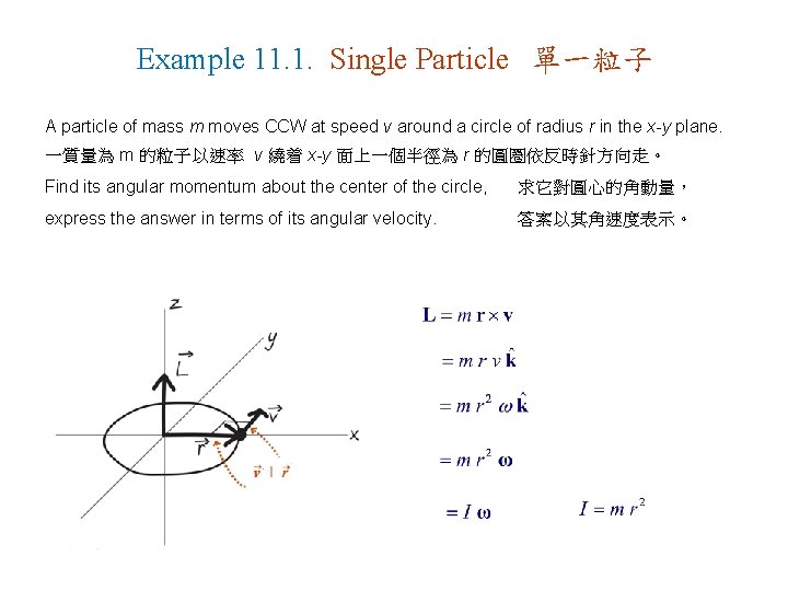 Example 11. 1. Single Particle 單一粒子 A particle of mass m moves CCW at