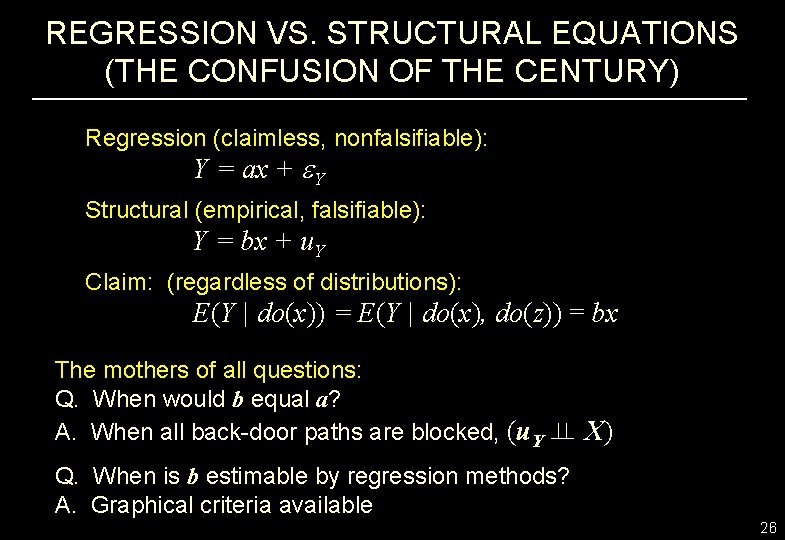 REGRESSION VS. STRUCTURAL EQUATIONS (THE CONFUSION OF THE CENTURY) Regression (claimless, nonfalsifiable): Y =