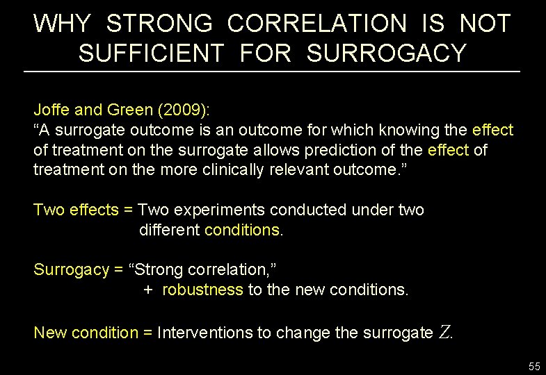 WHY STRONG CORRELATION IS NOT SUFFICIENT FOR SURROGACY Joffe and Green (2009): “A surrogate