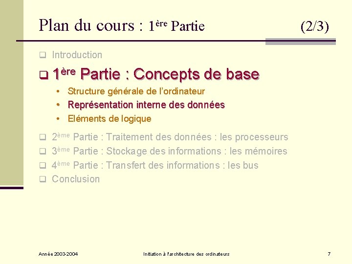 Plan du cours 1re Partie 13 q Introduction