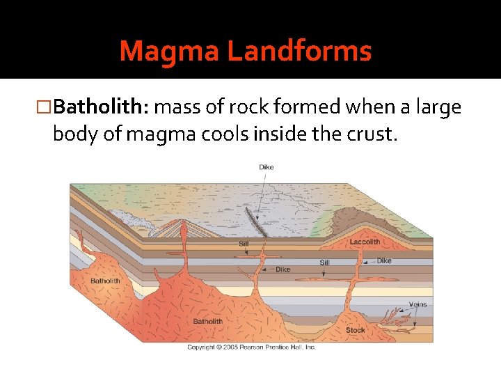 Magma Landforms �Batholith: mass of rock formed when a large body of magma cools