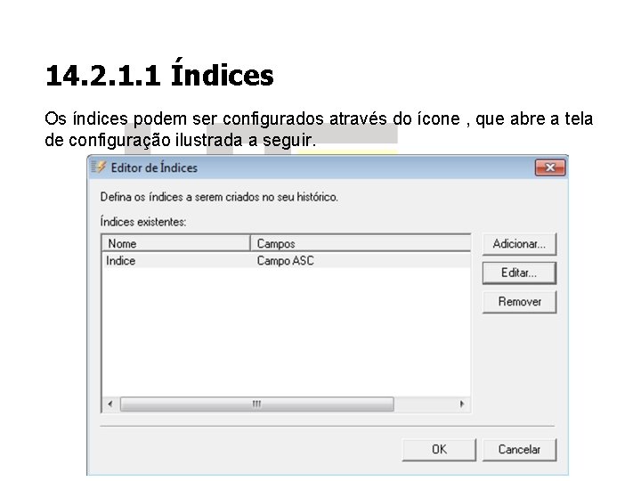 14. 2. 1. 1 Índices Os índices podem ser configurados através do ícone ,