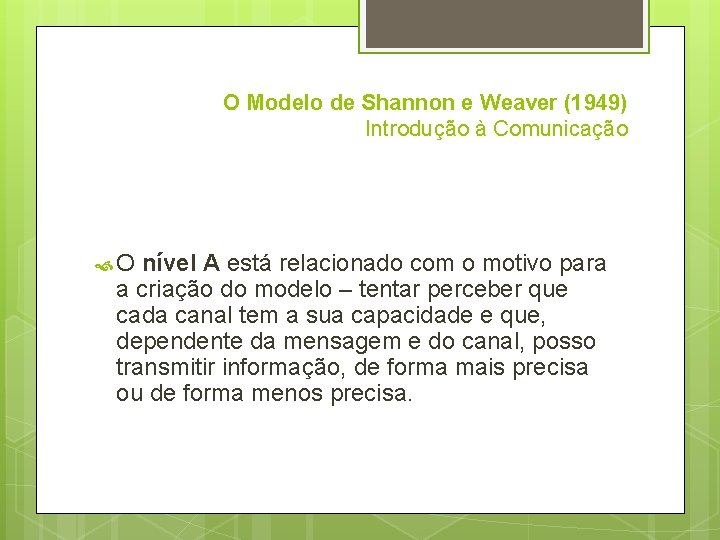 O Modelo de Shannon e Weaver (1949) Introdução à Comunicação O nível A está