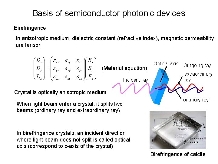 Basis of semiconductor photonic devices Birefringence In anisotropic medium, dielectric constant (refractive index), magnetic