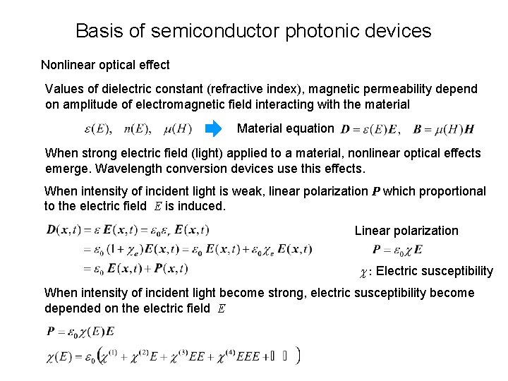 Basis of semiconductor photonic devices Nonlinear optical effect Values of dielectric constant (refractive index),