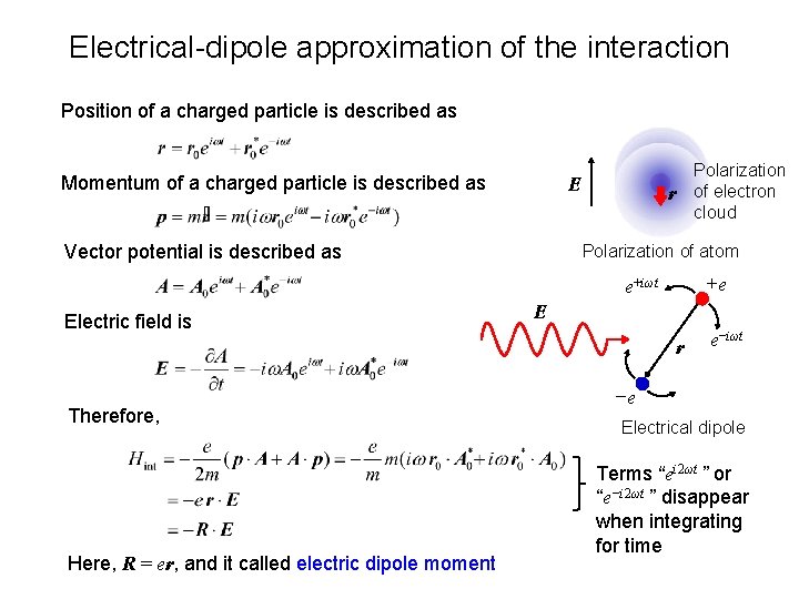 Electrical-dipole approximation of the interaction Position of a charged particle is described as Momentum