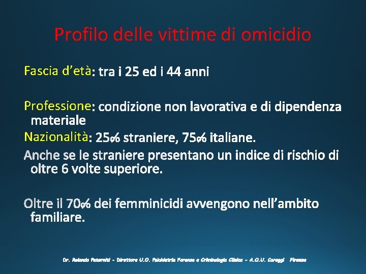 Profilo delle vittime di omicidio Fascia d’età Professione Nazionalità 