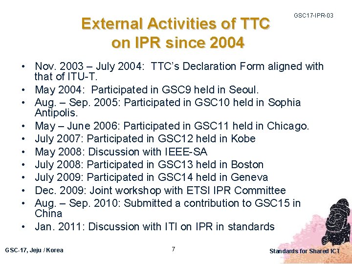 External Activities of TTC on IPR since 2004 GSC 17 -IPR-03 • Nov. 2003