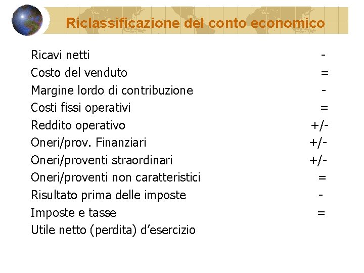 Riclassificazione del conto economico Ricavi netti Costo del venduto Margine lordo di contribuzione Costi