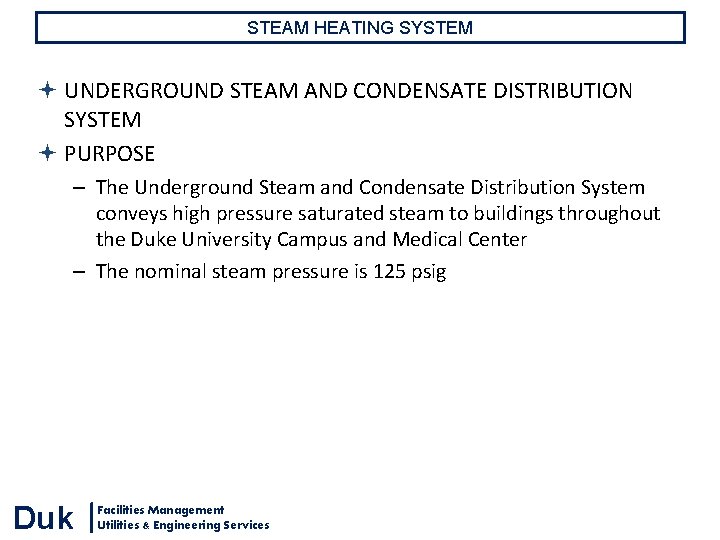 STEAM HEATING SYSTEM UNDERGROUND STEAM AND CONDENSATE DISTRIBUTION SYSTEM PURPOSE – The Underground Steam STEAM HEATING SYSTEM UNDERGROUND STEAM AND CONDENSATE DISTRIBUTION SYSTEM PURPOSE – The Underground Steam