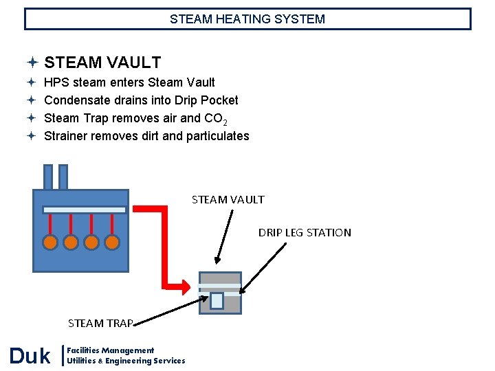 STEAM HEATING SYSTEM STEAM VAULT HPS steam enters Steam Vault Condensate drains into Drip STEAM HEATING SYSTEM STEAM VAULT HPS steam enters Steam Vault Condensate drains into Drip