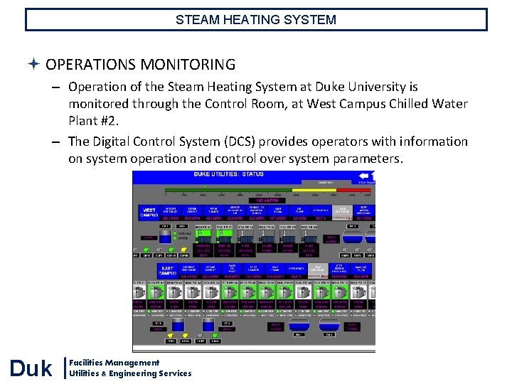 STEAM HEATING SYSTEM OPERATIONS MONITORING – Operation of the Steam Heating System at Duke STEAM HEATING SYSTEM OPERATIONS MONITORING – Operation of the Steam Heating System at Duke