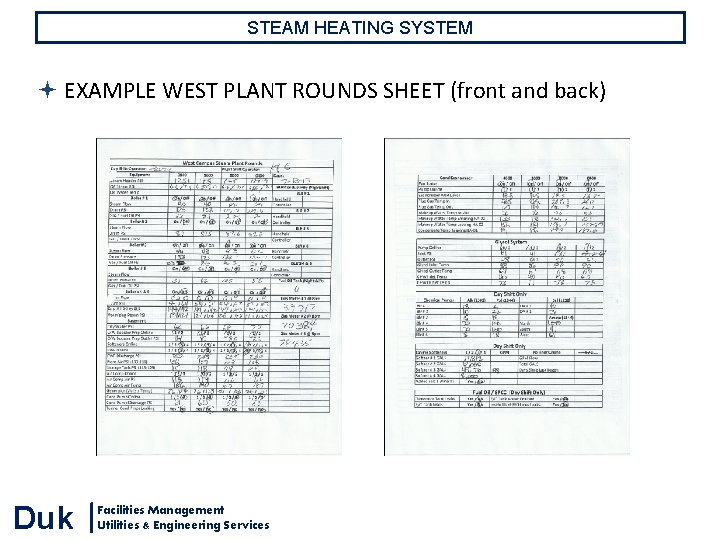 STEAM HEATING SYSTEM EXAMPLE WEST PLANT ROUNDS SHEET (front and back) Duk Facilities Management STEAM HEATING SYSTEM EXAMPLE WEST PLANT ROUNDS SHEET (front and back) Duk Facilities Management