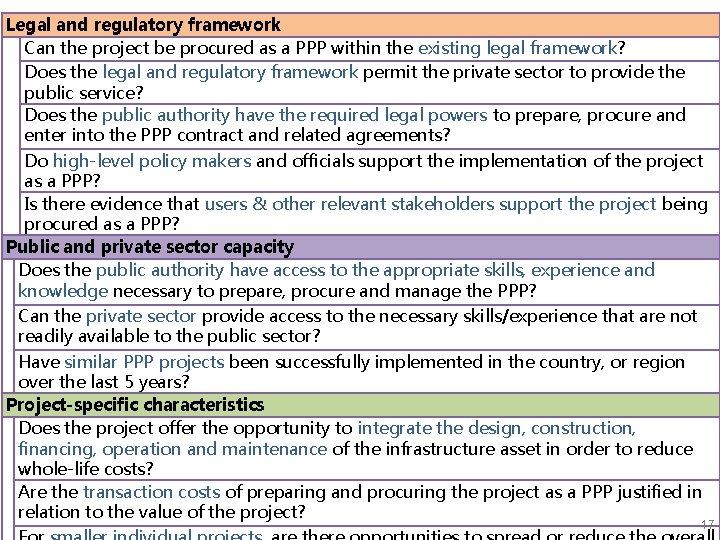 Legal and regulatory framework Can the project be procured as a PPP within the