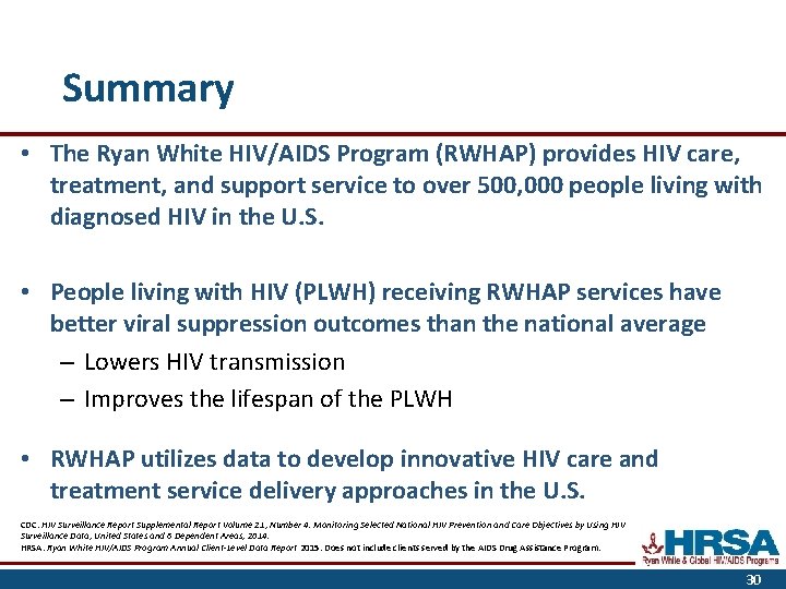 Summary • The Ryan White HIV/AIDS Program (RWHAP) provides HIV care, treatment, and support