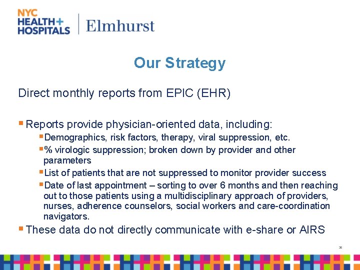 Our Strategy Direct monthly reports from EPIC (EHR) § Reports provide physician-oriented data, including: