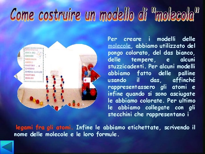 Per creare i modelli delle molecole, abbiamo utilizzato del pongo colorato, del das bianco,