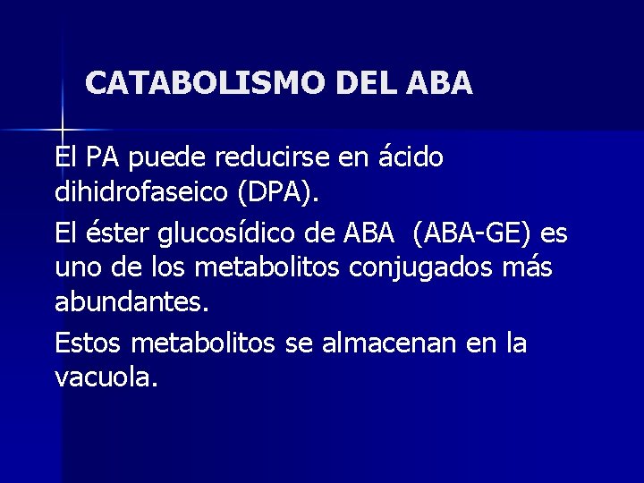 CATABOLISMO DEL ABA El PA puede reducirse en ácido dihidrofaseico (DPA). El éster glucosídico