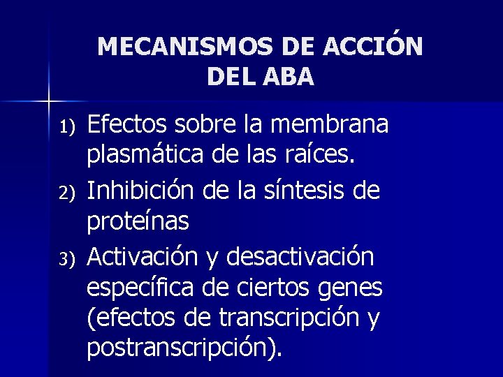 MECANISMOS DE ACCIÓN DEL ABA 1) 2) 3) Efectos sobre la membrana plasmática de