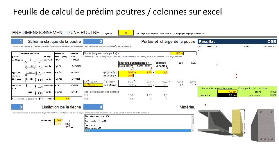 Feuille de calcul de prédim poutres / colonnes sur excel 