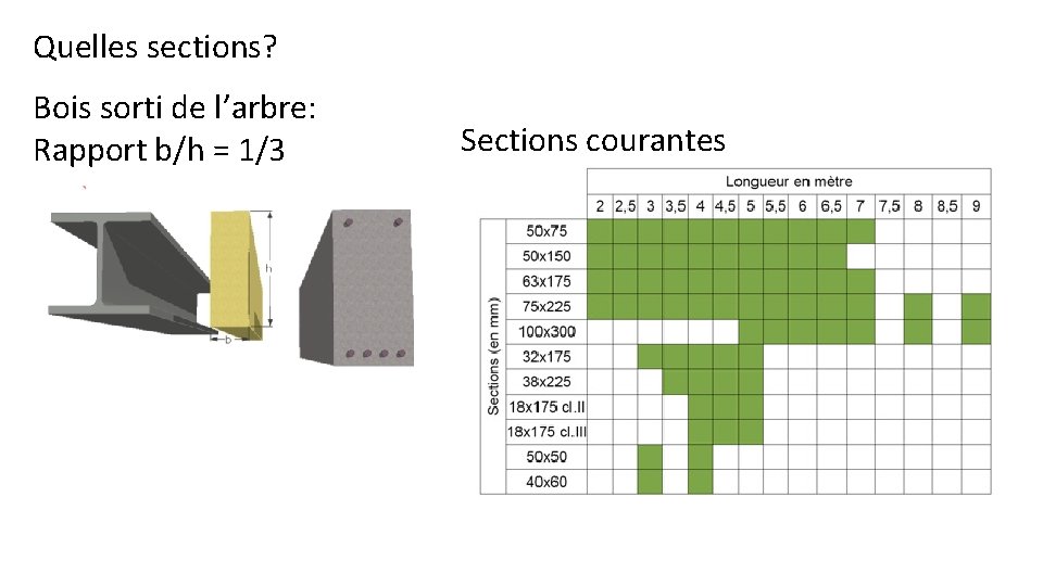 Quelles sections? Bois sorti de l’arbre: Rapport b/h = 1/3 Sections courantes 