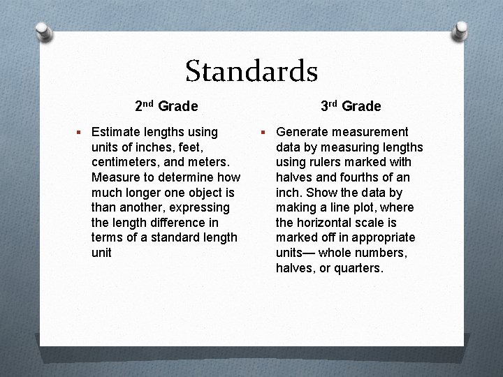 Standards 2 nd Grade § Estimate lengths using units of inches, feet, centimeters, and