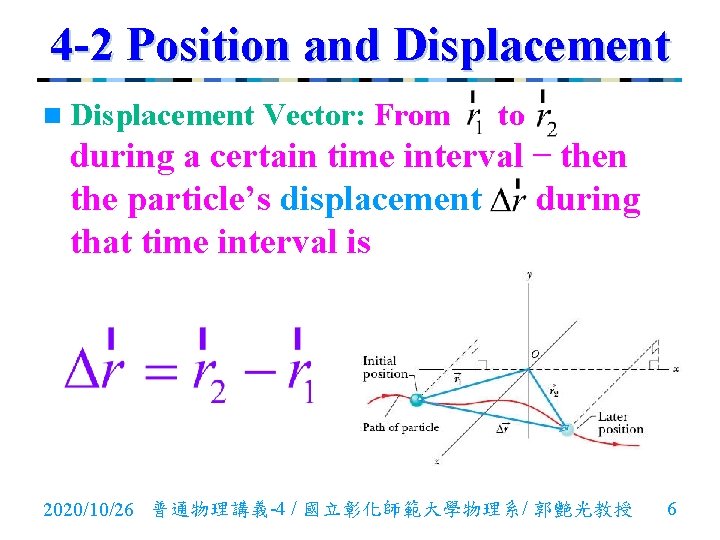 4 -2 Position and Displacement n Displacement Vector: From to during a certain time